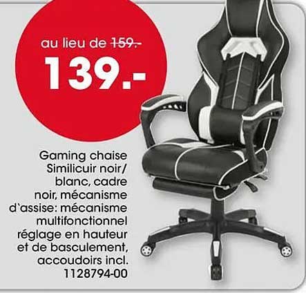 Gaming chaise Similicuir noir/blanc, cadre noir, mécanisme d'assise: mécanisme multifonctionnel réglage en hauteur et de basculement, accoudoirs incl. 1128794-00