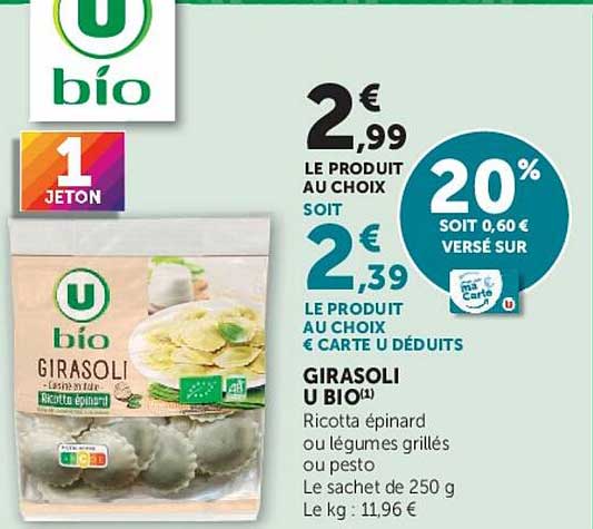 GIRASOLI U BIO Ricotta épinard ou légumes grillés ou pesto