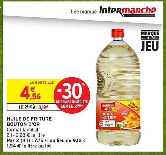 HUILE DE FRITURE BOUTON D'OR format familial 2 l - 2,28 € le litre