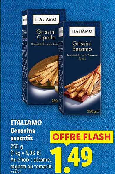 ITALIAMO Gressins assortis 250 g (1 kg = 5,96 €) Au choix : sésame, oignon ou romarin.