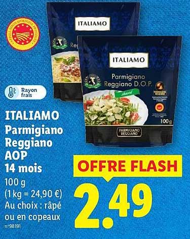 ITALIAMO Parmigiano Reggiano AOP 14 mois 100 g (1 kg = 24,90 €) Au choix : râpé ou en copeaux