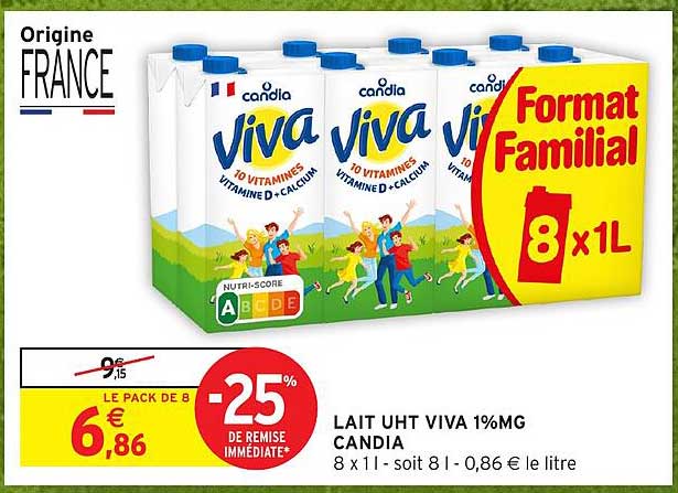 LE PACK DE 8 Lait UHT Viva 1%MG Candia