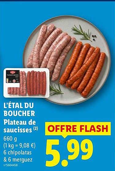 L’ÉTAL DU BOUCHER Plateau de saucisses (2) 660 g (1 kg = 9,08 €) 6 chipolatas & 6 merguez