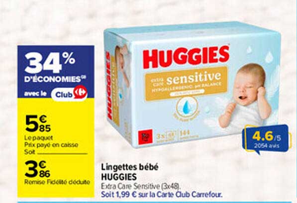 Lingettes bébé HUGGIES Extra Care Sensitive (3x48)