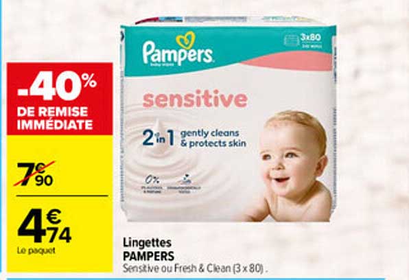 Lingettes PAMPERS Sensitive ou Fresh & Clean (3 x 80)