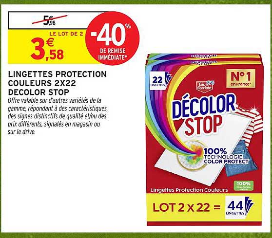 LINGETTES PROTECTION COULEURS 2X22 DECOLOR STOP
