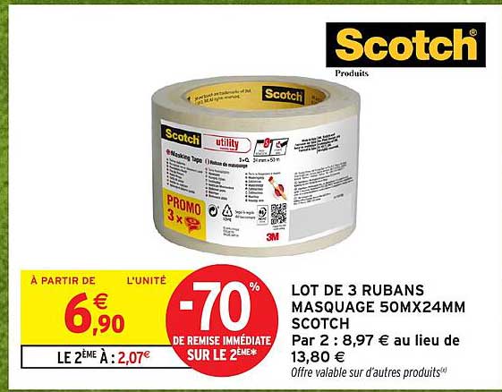 LOT DE 3 RUBANS MASQUAGE 50MX24MM SCOTCH