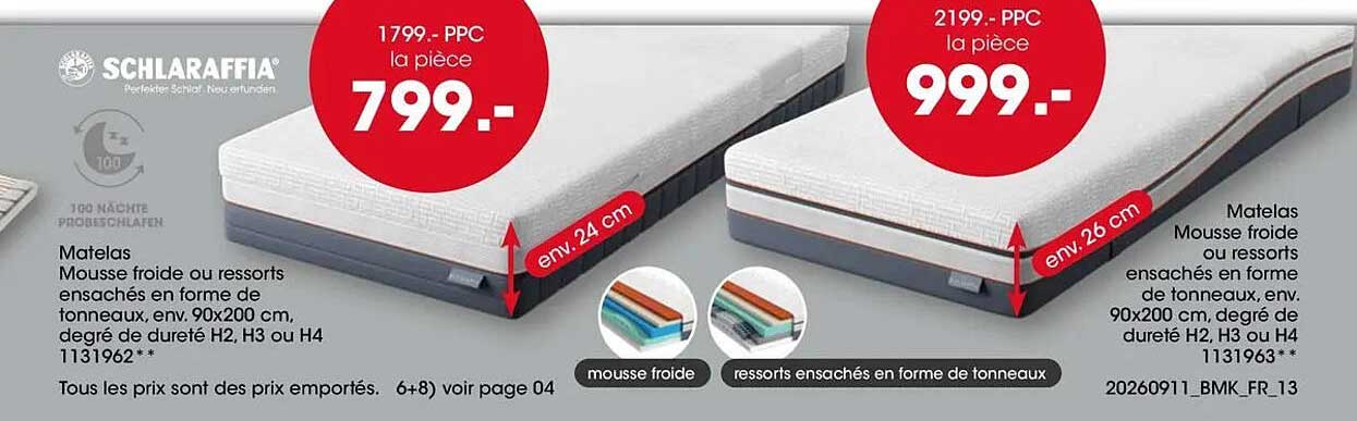 Matelas Mousse froide ou ressorts ensachés en forme de tonneaux, env. 90x200 cm, degré de dureté H2, H3 ou H4