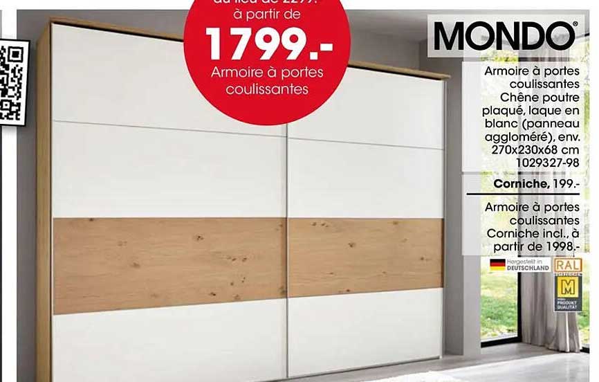 MONDO Armoire à portes coulissantes Chêne poutre plaqué, laque en blanc (panneau aggloméré), env. 270x230x68 cm 1029327-98