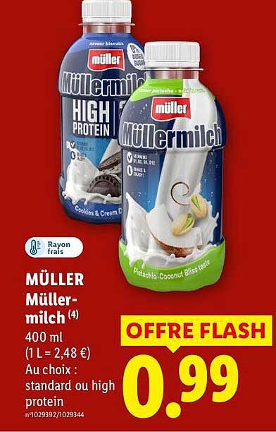 MÜLLER Müller-milch (4) 400 ml (1 L = 2,48 €) Au choix : standard ou high protein
