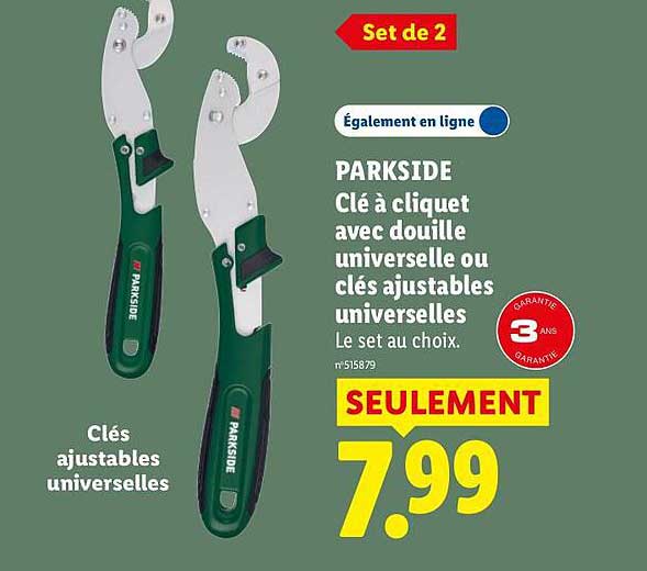 PARKSIDE Clé à cliquet avec douille universelle ou clés ajustables universelles