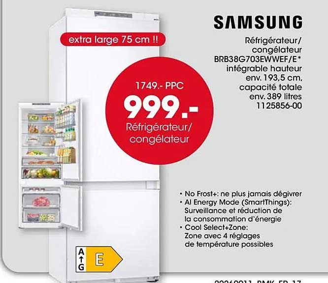 Samsung Réfrigérateur/congélateur BRB38G703EWWF/E* intégrable hauteur env. 193,5 cm, capacité totale env. 389 litres 1125856-00