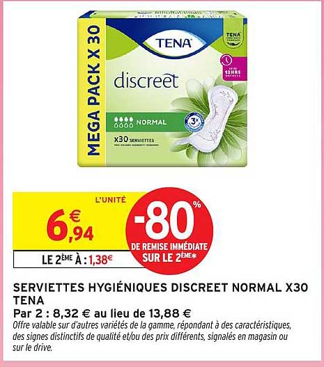 SERVIETTES HYGIÉNIQUES DISCREET NORMAL X30 TENA