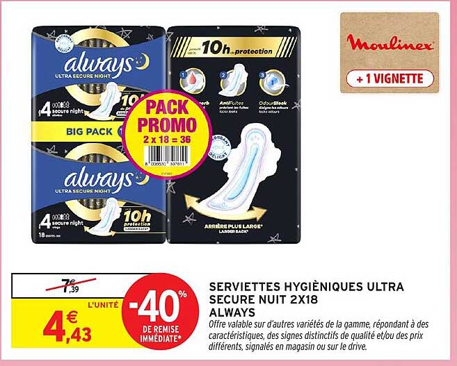 SERVIETTES HYGIÉNIQUES ULTRA SECURE NUIT 2X18 ALWAYS