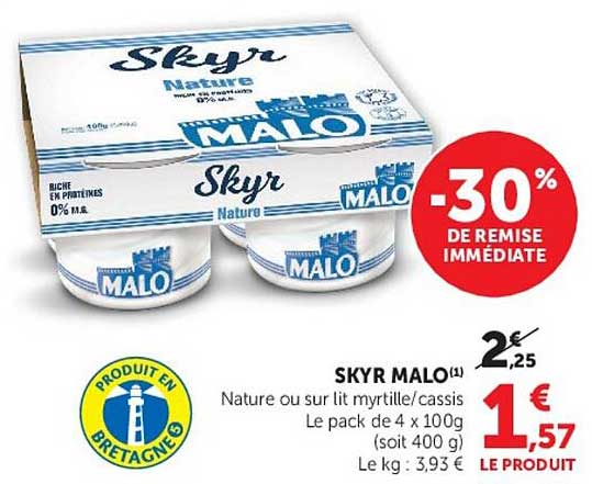 Skyr Malo Nature ou sur lit myrtille/cassis Le pack de 4 x 100g (soit 400 g)