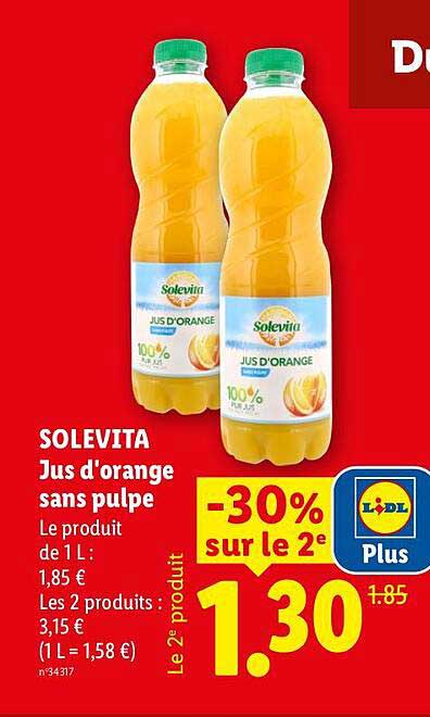 SOLEVITA Jus d'orange sans pulpe
