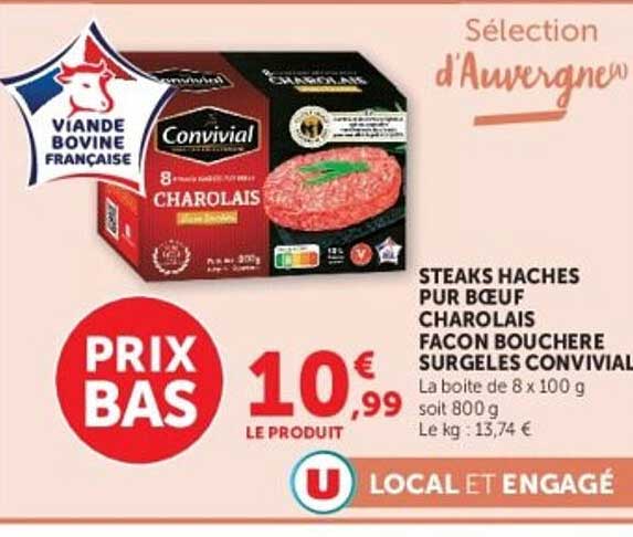 STEAKS HACHÉS PUR BŒUF CHAROLAIS FAÇON BOUCHÈRE SURGELÉS CONVIVIAL
