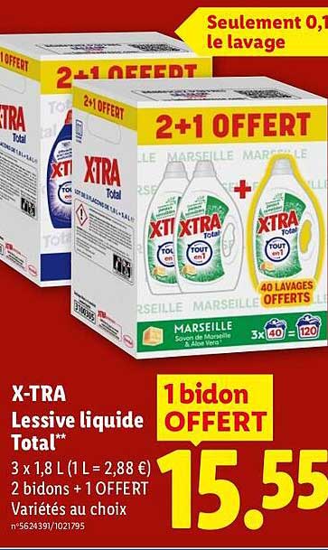 X-TRA Lessive liquide Total** 3 x 1,8 L (1 L = 2,88 €) 2 bidons + 1 OFFERT Variétés au choix