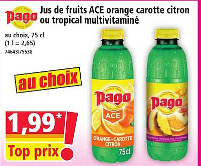Jus de fruits ACE orange carotte citron ou tropical multivitaminé