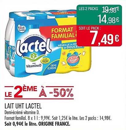 Lait UHT Lactel – 2ème à -50%