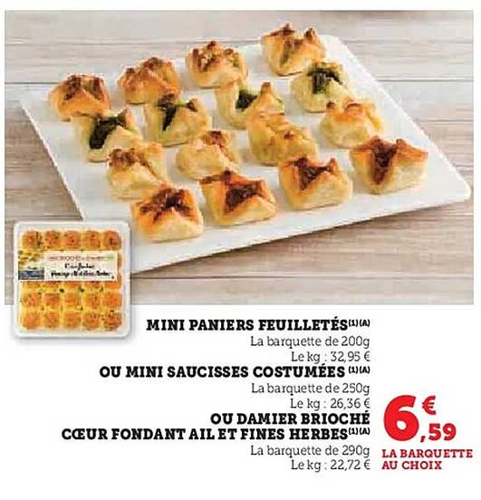 MINI PANIERS FEUILLETÉS OU MINI SAUCISSES COSTUMÉES OU DAMIER BRIOCHÉ CŒUR FONDANT AIL ET FINES HERBES