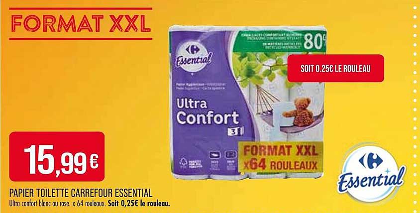Papier toilette Carrefour Essential Ultra Confort 64 rouleaux