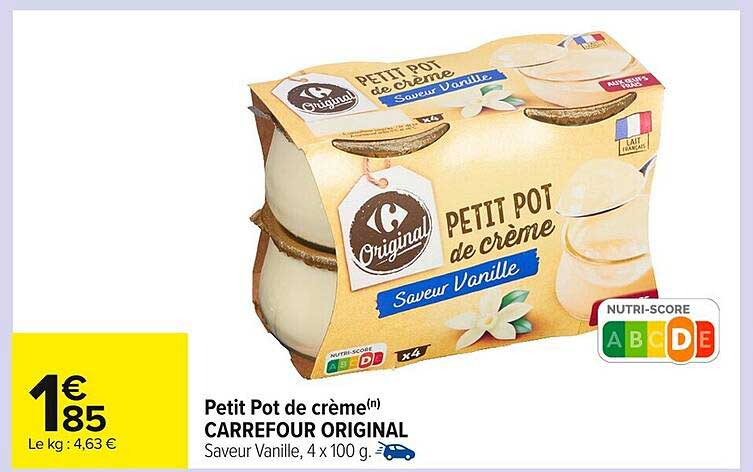 Petit Pot de crème(n) CARREFOUR ORIGINAL Saveur Vanille, 4 x 100 g.
