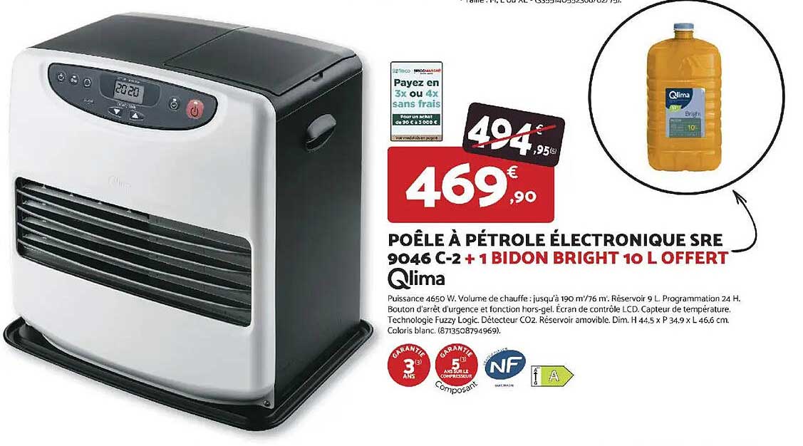 POÊLE À PÉTROLE ÉLECTRONIQUE SRE 9046 C-2 + 1 BIDON BRIGHT 10 L OFFERT