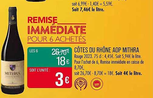 REMIS É IMMÉDIATE POUR 6 ACHETÉS