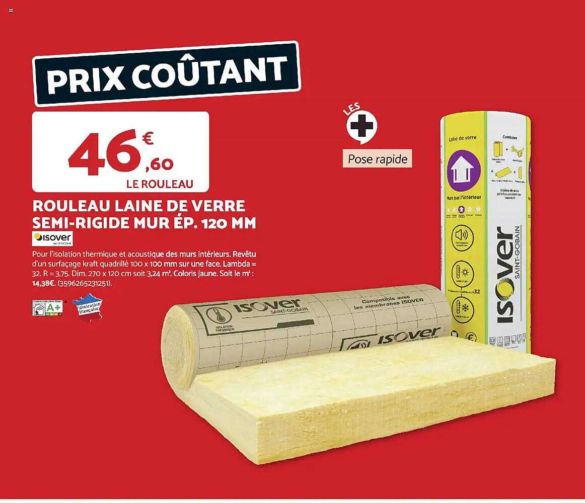 Rouleau laine de verre semi-rigide mur ép. 120 mm