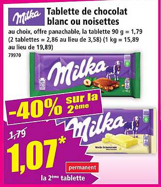 Tablette de chocolat blanc ou noisettes