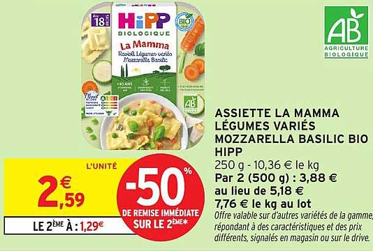 ASSIETTE LA MAMMA LÉGUMES VARIÉS MOZZARELLA BASILIC BIO HIPPO