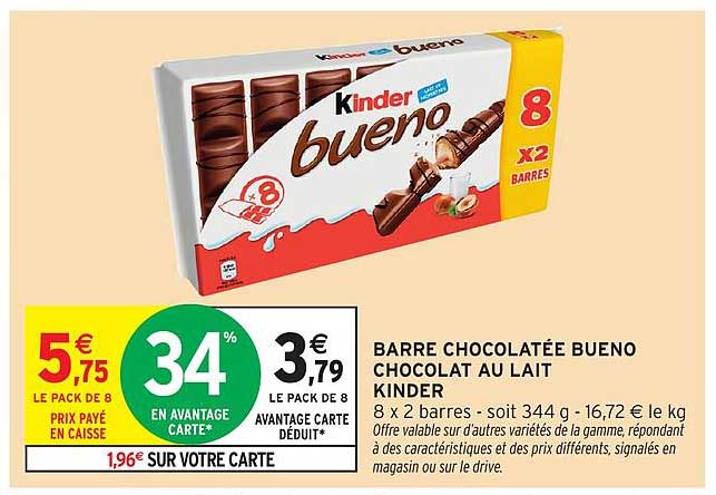 BARRE CHOCOLATÉE BUENO CHOCOLAT AU LAIT KINDER