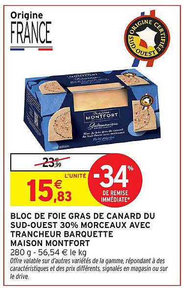 Bloc de foie gras de canard du Sud-Ouest 30% morceaux avec trancheur barquette Maison Montfort