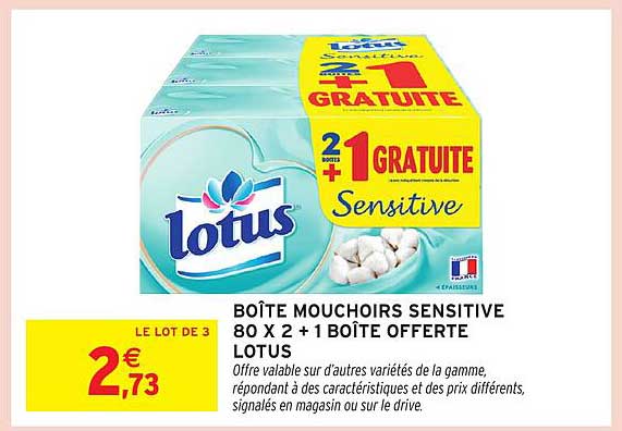 BOÎTE MOUCHOIRS SENSITIVE 80 X 2 + 1 BOÎTE OFFERTE LOTUS