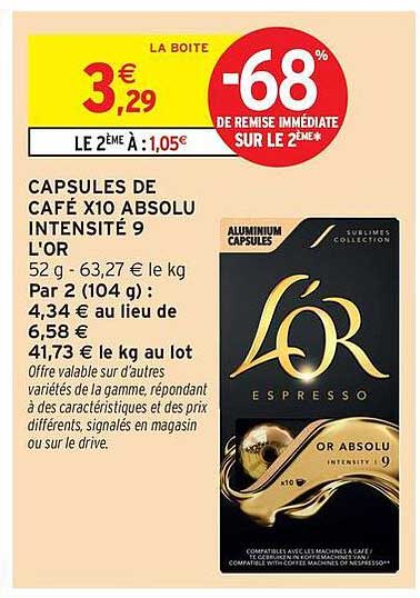 CAPSULES DE CAFÉ X10 ABSOLU INTENSITÉ 9 L'OR