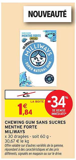 CHEWING GUM SANS SUCRES MENTHE FORTE MILIWAYS