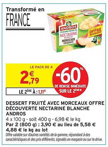 DESSERT FRUITÉ AVEC MORCEAUX OFFRE DÉCOUVERTE NECTARINE BLANCHE ANDROS