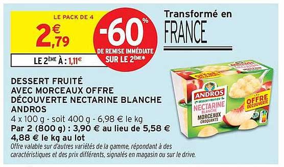 DESSERT FRUITÉ AVEC MORCEAUX OFFRE DÉCOUVERTE NECTARINE BLANCHE ANDROS