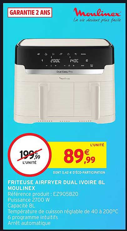 FRITEUSE AIRFRYER DUAL IVOIRE 8L MOULINEX