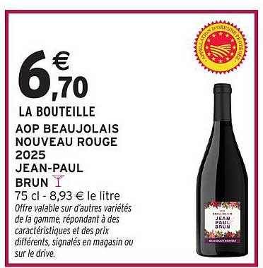 LA BOUTEILLE AOP BEAUJOLAIS NOUVEAU ROUGE 2025 JEAN-PAUL BRUN