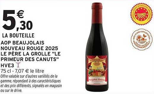 LA BOUTEILLE AOP BEAUJOLAIS NOUVEAU ROUGE 2025 LE PÈRE LA GROLLE "LE PRIMEUR DES CANUTS"