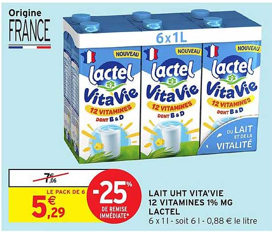 Lait UHT Vita'Vie 12 Vitamines 1% MG Lactel - Pack de 6