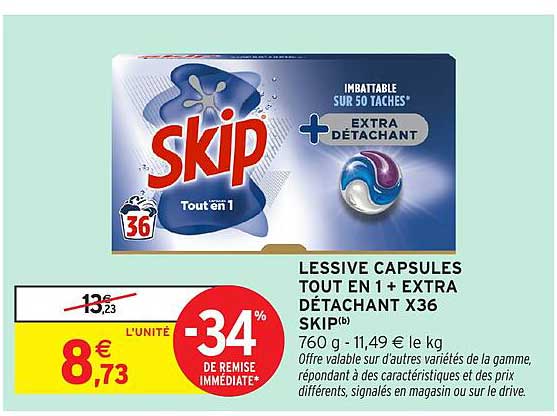 LESSIVE CAPSULES TOUT EN 1 + EXTRA DÉTACHANT X36 SKIP