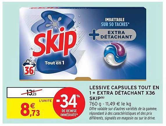 LESSIVE CAPSULES TOUT EN 1 + EXTRA DÉTACHANT X36 SKIP