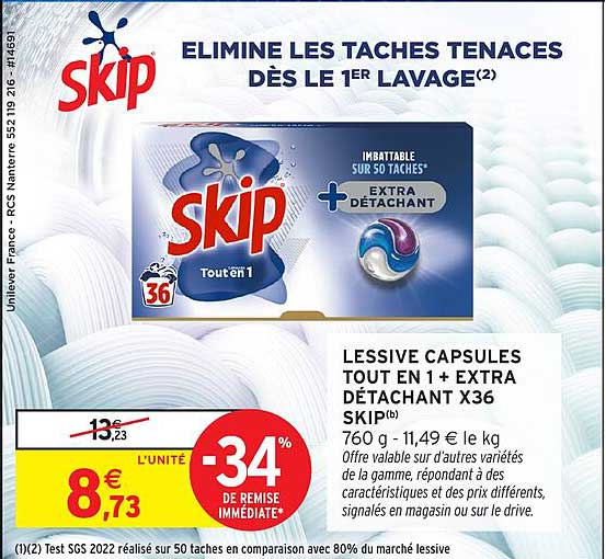 LESSIVE CAPSULES TOUT EN 1 + EXTRA DÉTACHANT X36 SKIP