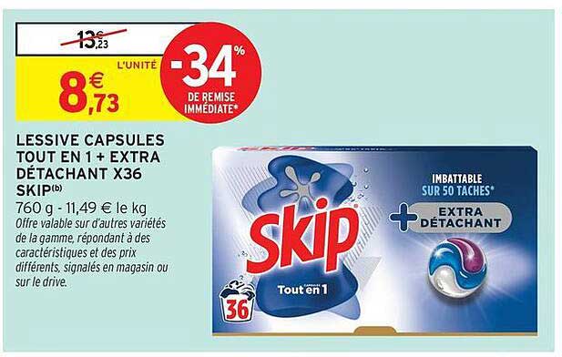 LESSIVE CAPSULES TOUT EN 1 + EXTRA DÉTACHANT X36 SKIP