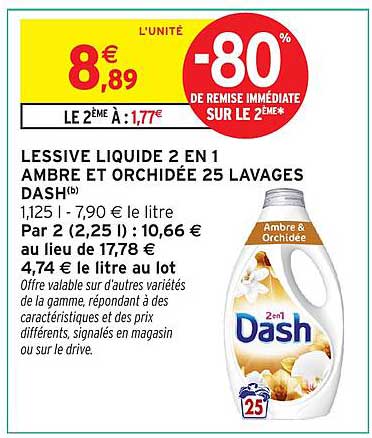 LESSIVE LIQUIDE 2 EN 1 AMBRE ET ORCHIDÉE 25 LAVAGES DASH
