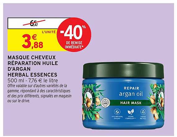 MASQUE CHEVEUX RÉPARATION HUILE D'ARGAN HERBAL ESSENCES