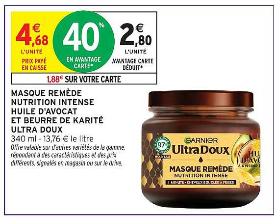 MASQUE REMÈDE NUTRITION INTENSE HUILE D'AVOCAT ET BEURRE DE KARITÉ ULTRA DOUX